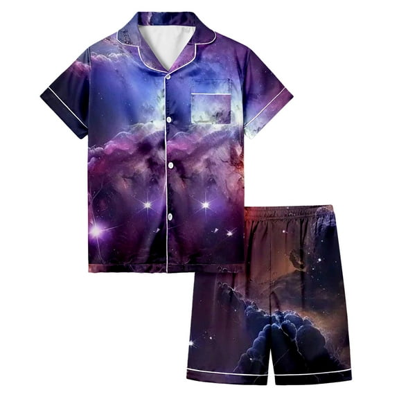 Space Galaxy Printed Pajama Sets for Girls 10-12 Short Sleeve 3D Graphic Tees Tops and Bottoms 2 Piece Outfits Pjs Sleepwear Loungewear Kids Clothes Dark 3-4 Years