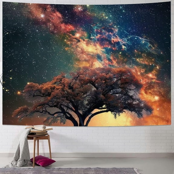 Space Galaxy Tapestry Wall Hanging for Bedroom Aesthetic, Nature Starry Night Tree of Life Tapestries, Star Sky Backdrop Decor Wall Tapestry for Men Dorm Living Room Office 40x30inch
