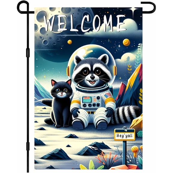 Space Galaxy Welcome Garden Flag 12x18 Inch Double Sided Raccoon Astronaut on Lunar Surface Outdoor Yard Flag for Outside Home Front Door Lawn Porch Patio Welcome Decor