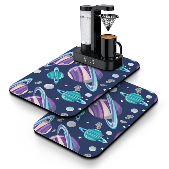 Space Geek Coffee Mat 2-Pack - Absorbent Kitchen Counter Mat for Coffee Maker, Sun and Rocket Design