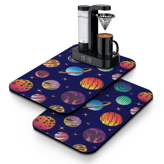 Space Geek Coffee Mat 2-Pack - Absorbent Kitchen Counter Mat for Coffee Maker, Sun and Rocket Design