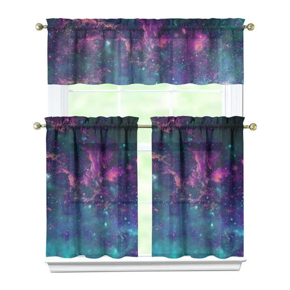 Space Geek Kitchen Curtains Set, Star Moon Sun Rocket Tier Curtains with Valance, Nebula Alien Spacecraft Semi-Sheer Rod Pocket Panels