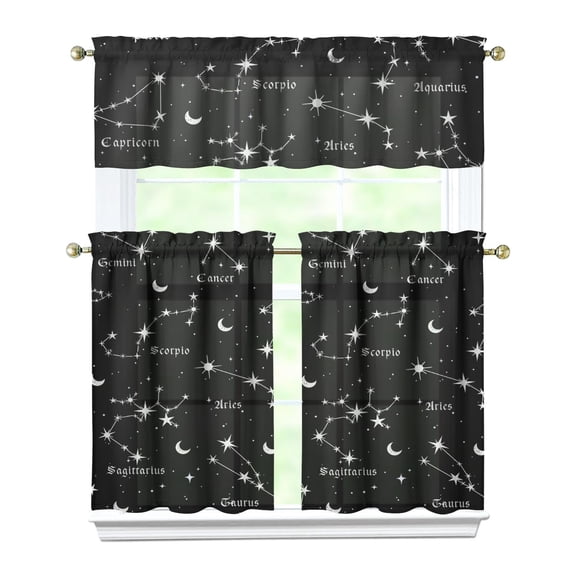 Space Geek Kitchen Curtains Set, Star Moon Sun Rocket Tier Curtains with Valance, Nebula Alien Spacecraft Semi-Sheer Rod Pocket Panels
