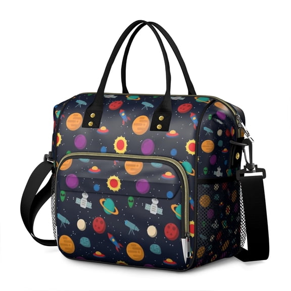 Space Geek Large Insulated Lunch Bag – Leakproof Dual Compartment Cooler Tote with Celestial and Galaxy Patterns for Work or Picnic