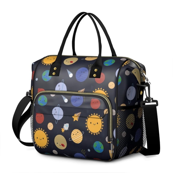 Space Geek Large Insulated Lunch Bag – Leakproof Dual Compartment Cooler Tote with Celestial and Galaxy Patterns for Work or Picnic