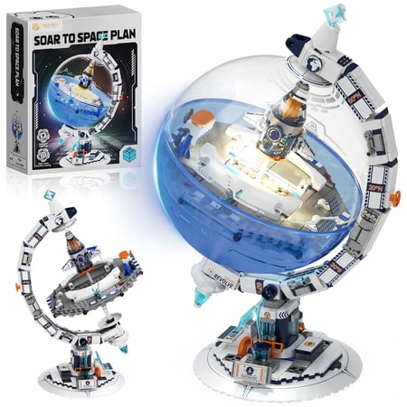 Space Globe Building Set with LED Light, 743Pcs Rotatable Rocket Launch Station STEM Toy, 360° Spherical Astronaut Space Gift for Boys Girls Age 8+