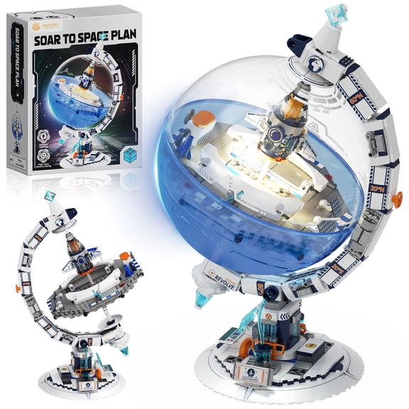 Space Globe Building Set with LED Light, 743Pcs Rotatable Rocket Launch Station STEM Toy, 360 Spherical Astronaut Space Gift for Boys Girls Age 8+