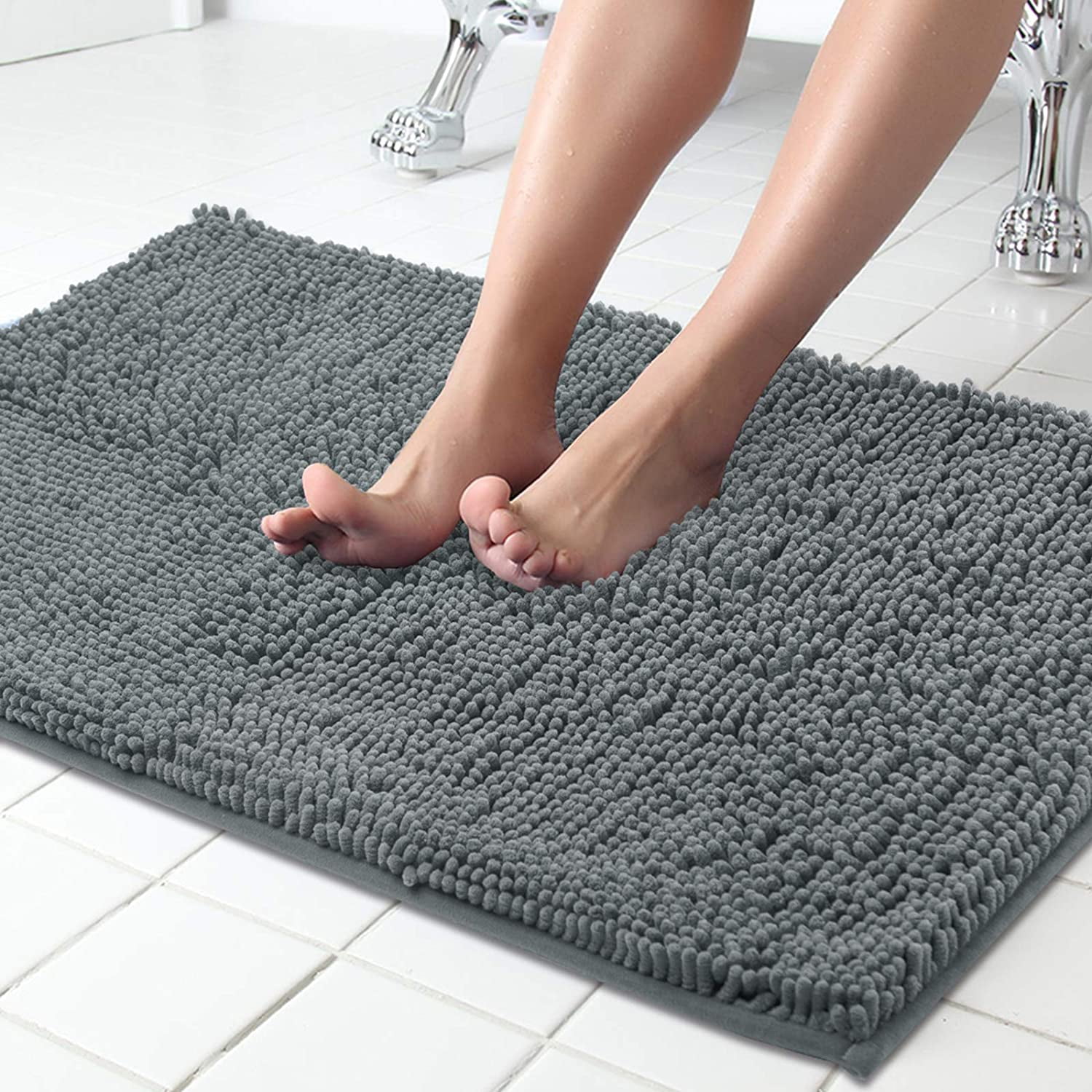 Space Grey Rugs for Bathroom Slip-Resistant Shag Chenille Bath