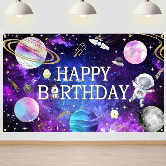 Space Happy Birthday Backdrop Outer Space Birthday Background for Boys Astronaut Planets Rocket Solar System Birthday Party Decorations Banner Supplies Photo Booth Props