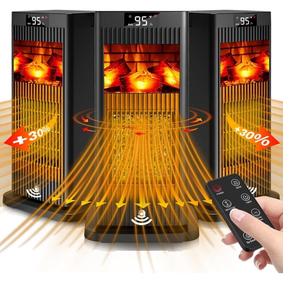Space Heater, 2024 Small Space Heaters for Indoor Use, Oscillating Electric Heater with Sensor & Flame Effect as Mini Fireplace, 1500W ECO Portable Heater for Office/Bedroom//Garage