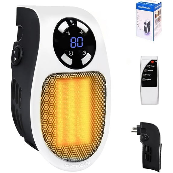 Space Heater, Small Plug in Electric Heater, Remote Wall Outlet Electric Space Heater with Adjustable Thermostat and Timer and Led Display, Compact for Office Dorm Room (Multi Colored)
