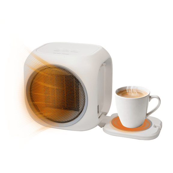 Space Heater with Mug Warmer, 800w PTC Ceramic Electric Fan Heater 12h Timer, Overheat and Tip-Over Protection for Office, Home, Indoor Use