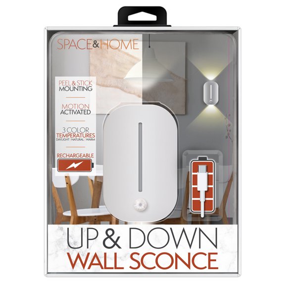 Space&Home Up & Down Motion Activated Wall Light Sconce, Rechargeable Lights with 3 Color Temperatures