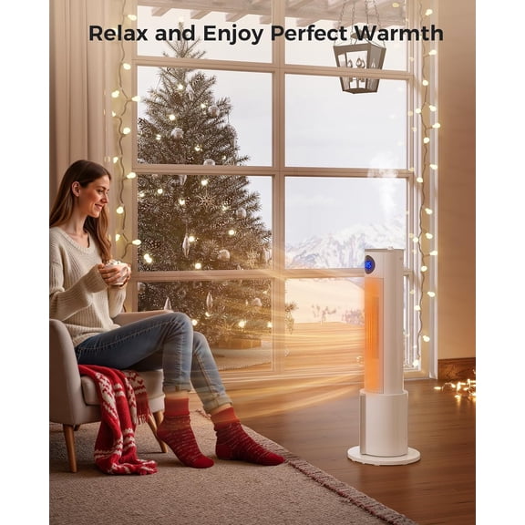 Space with Humidifier - Portable Tower for Indoor Use, Remote Control, Adjustable Thermostat, 3 Heat Modes, Safety , 12H Timer, Quiet Electric for Bedroom