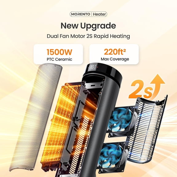 Space for Indoor Use, 1500W Ceramic Fast Heat, Electric Space for Large Room with Remote, Thermostat, Digital Display, 5 Modes, 12H Timer, 70 ° Oscillation, 23dB Black 1 Pack
