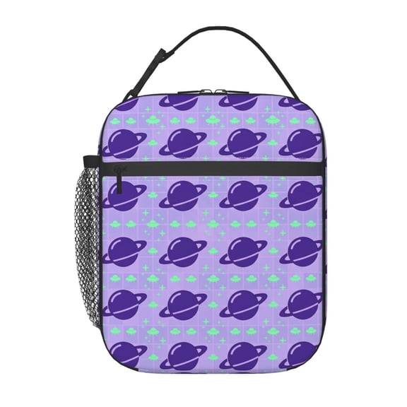 Space Insulated Lunch Bag For Men Women, Reusable Purple Grid Planet Lunch Box, Thermal Meal Prep Tote With Mesh Pocket, Portable Cooler For Work, Road Trips And Picnic