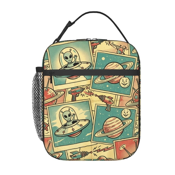 Space Insulated Lunch Bag For Men Women, Reusable Retro Comic Alien Lunch Box, Thermal Meal Prep Tote With Side Mesh Pocket, Portable Cooler For Work Travel Road Trips