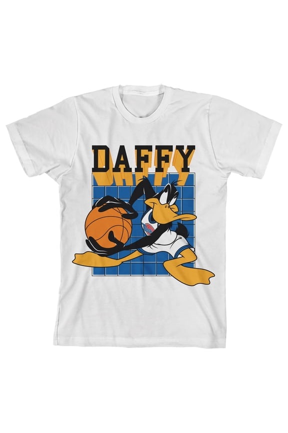 Space Jam 1996 Daffy Duck Checkered Background Boy's White T-shirt
-XS