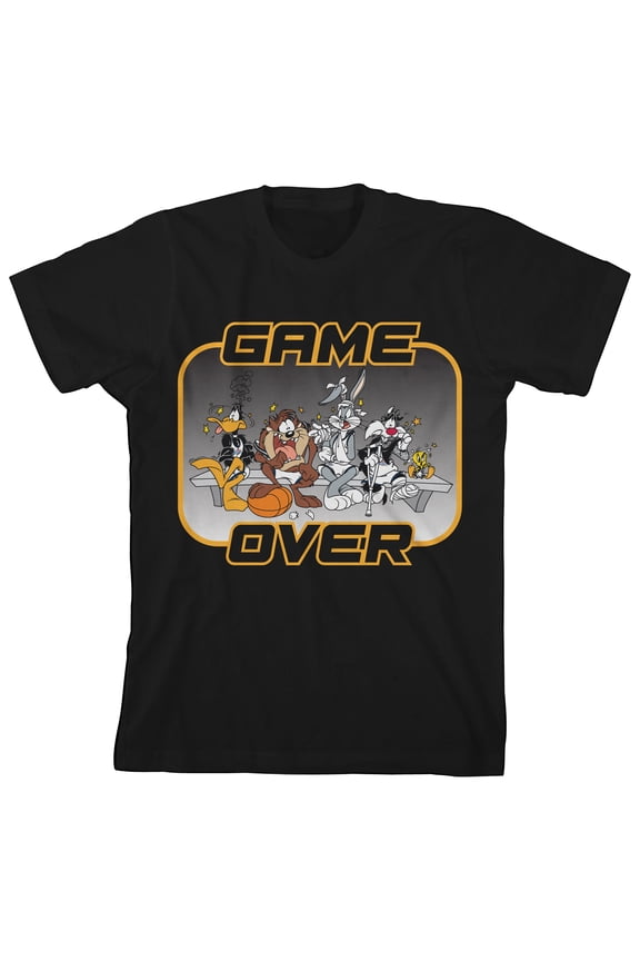 Space Jam 1996 Game Over Tired Characters Youth Boy's Black T-Shirt-Large