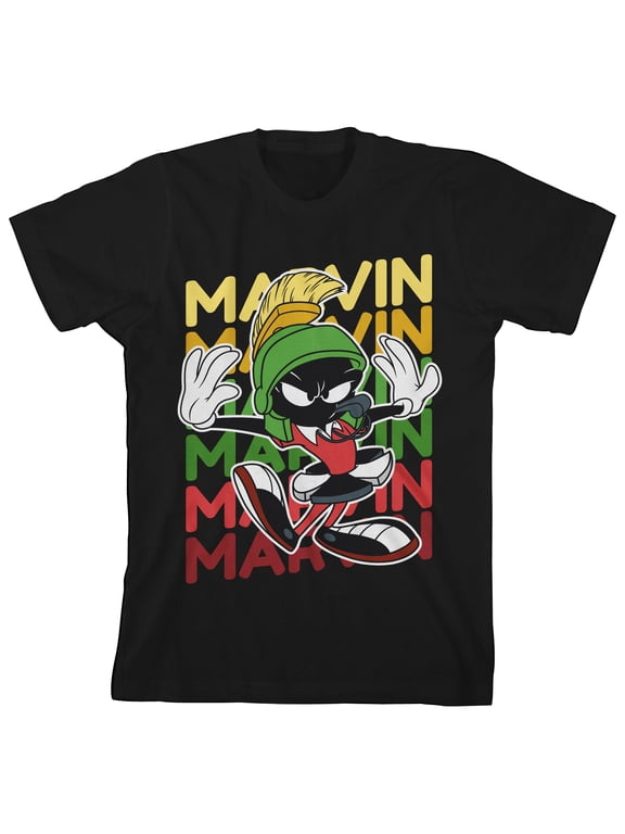 Space Jam 1996 Marvin the Martian Repeated Youth Boy's Black T-Shirt-Large