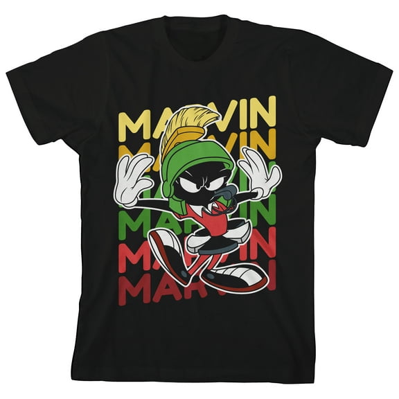 Space Jam 1996 Marvin the Martian Repeated Youth Boy's Black T-Shirt-XL