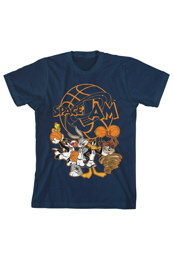Space Jam 1996 Orange Logo w/ Characters Youth Boy's Navy T-Shirt-Medium