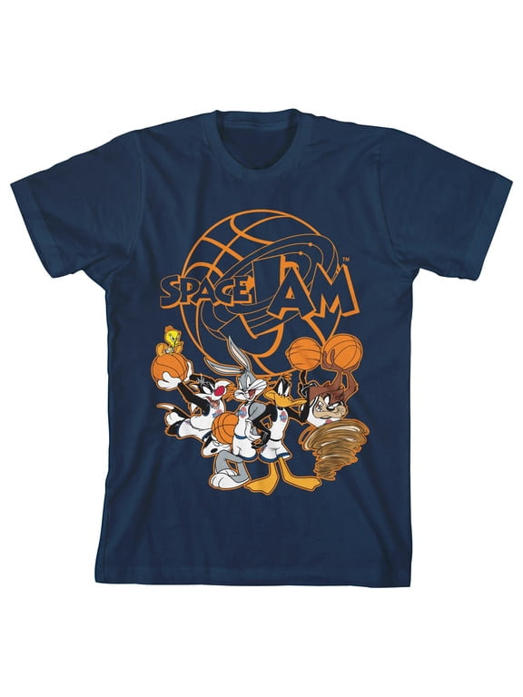Space Jam 1996 Orange Logo w/ Characters Youth Boy's Navy T-Shirt-Small