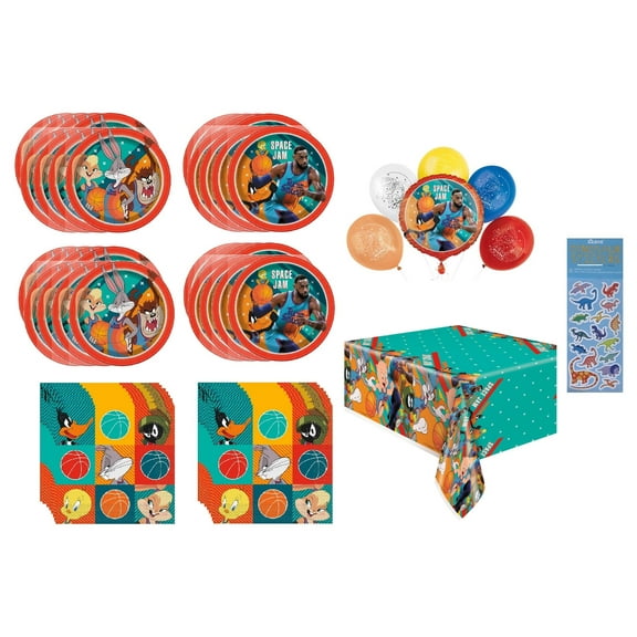 Space Jam Birthday Party Supplies Bundle for 16 includes Dessert Small Plates 7",Lunch Large Plates 9", 32 Napkins, 5pc Balloon Set, 1 Tablecover