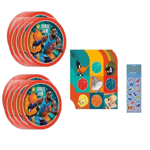 Space Jam Birthday Party Supplies Bundle includes 16 Large Lunch Paper Plates 9", 16 Napkins, 1 Dinosaur Sticker Sheet