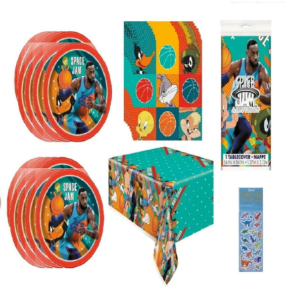 Space Jam Birthday Party Supplies Bundle includes 16 Large Lunch Paper Plates 9", 16 Napkins, 1 Tablecover, 1 Dinosaur Sticker Sheet