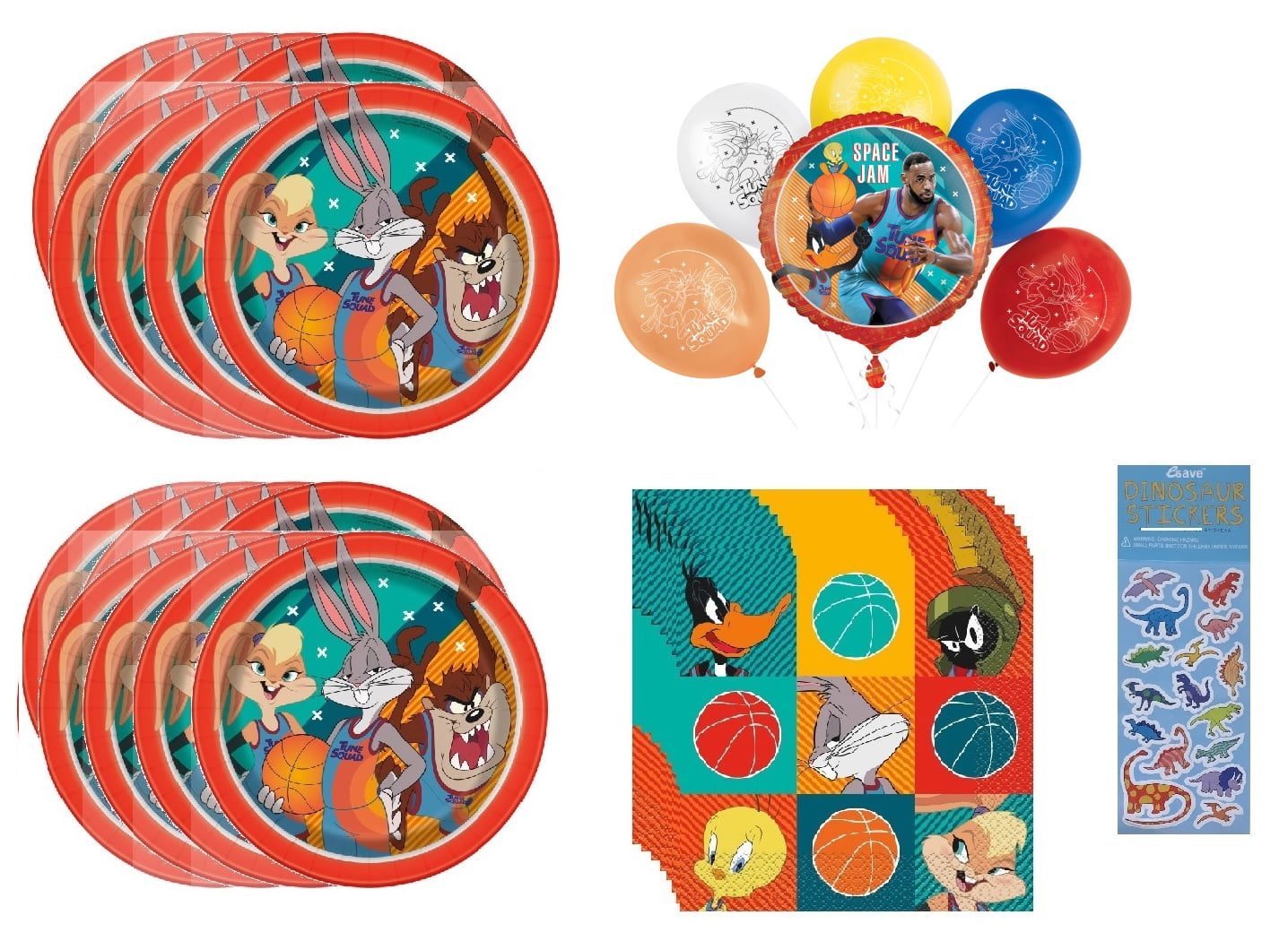 Space Jam Birthday Party Supplies Bundle includes 16 Paper Plates 7", 16 Paper Napkins 2-Ply 6.5", Balloon Bouquet includes 1 Mylar Foil Balloon 18" and 5 Latex Balloons 12", 1 Dinosaur Sticker Sheet