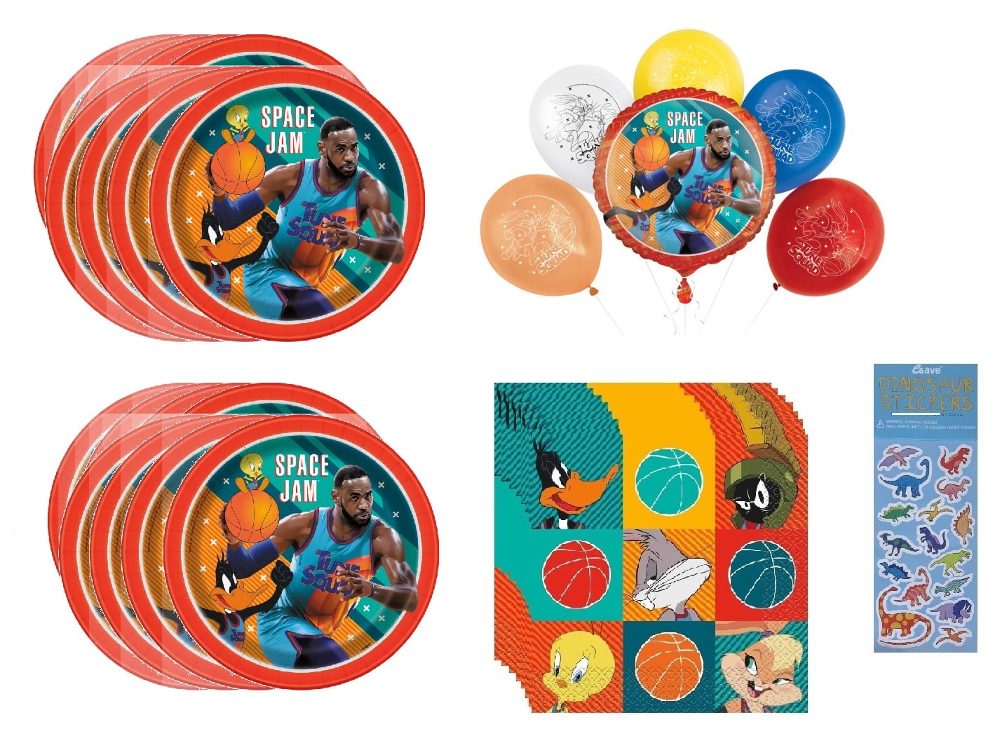 Space Jam Birthday Party Supplies Bundle includes 16 Paper Plates 9", 16 Paper Napkins 2-Ply 6.5", Balloon Bouquet includes 1 Mylar Foil Balloon 18" and 5 Latex Balloons 12", 1 Dinosaur Sticker Sheet