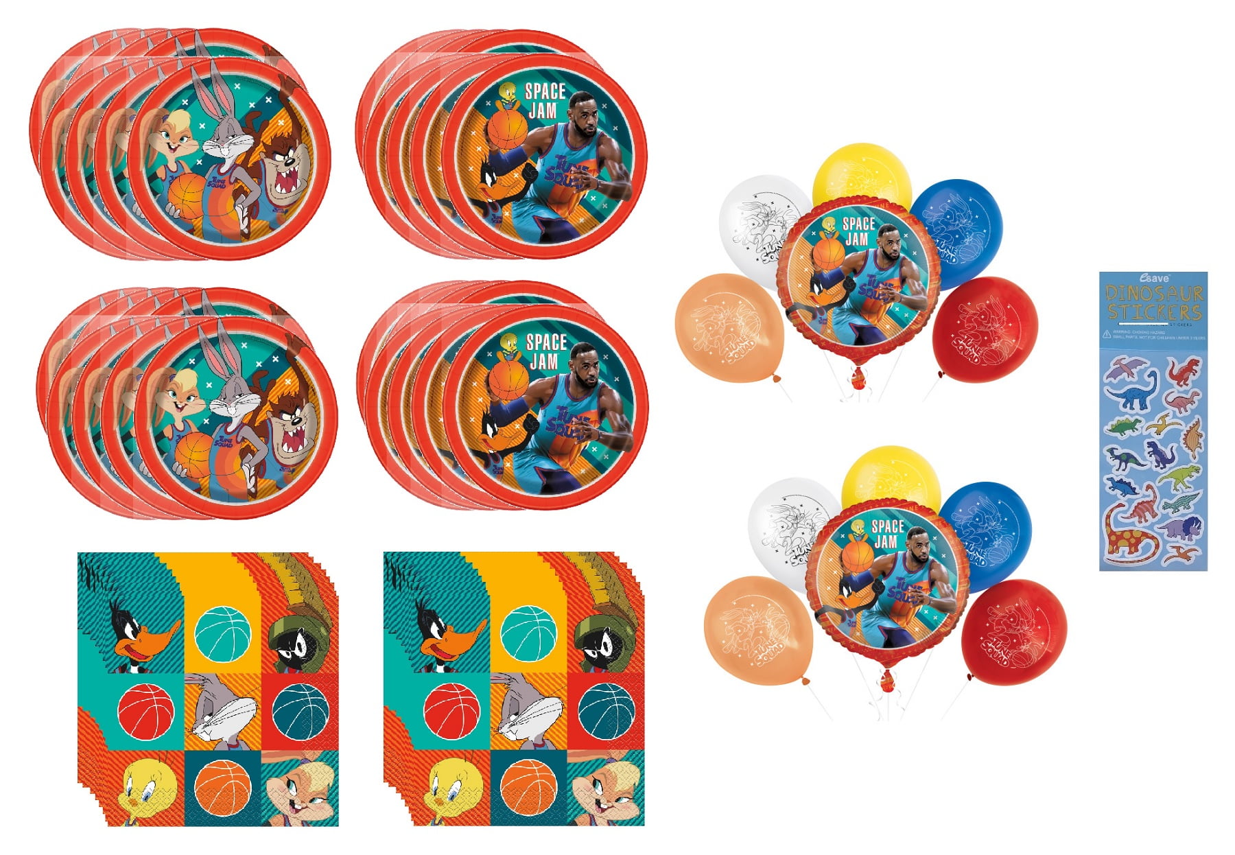 Space Jam Birthday Party Supplies Bundle includes 16 Plates 7", 16 Plates 9", 32 Napkins 6.5", 2 Mylar & 10 Latex Balloons, 1 Dinosaur Sticker Sheet