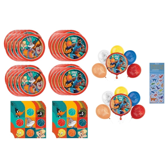 Space Jam Birthday Party Supplies Bundle includes 16 Plates 7", 16 Plates 9", 32 Napkins 6.5", 2 Mylar & 10 Latex Balloons, 1 Dinosaur Sticker Sheet
