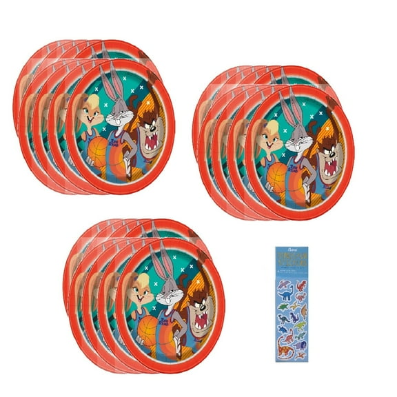 Space Jam Birthday Party Supplies Bundle includes 24 Small Dessert Party Paper Plates 7", 1 Dinosaur Sticker Sheet