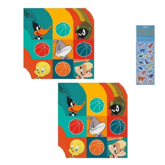 Space Jam Birthday Party Supplies Bundle includes 32 Party Lunch Paper Napkins 2-Ply 6.5", 1 Dinosaur Sticker Sheet
