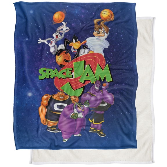 Space Jam Blue Group Collage Silky Touch Sherpa Back Super Soft Throw Blanket, 50' x 60'