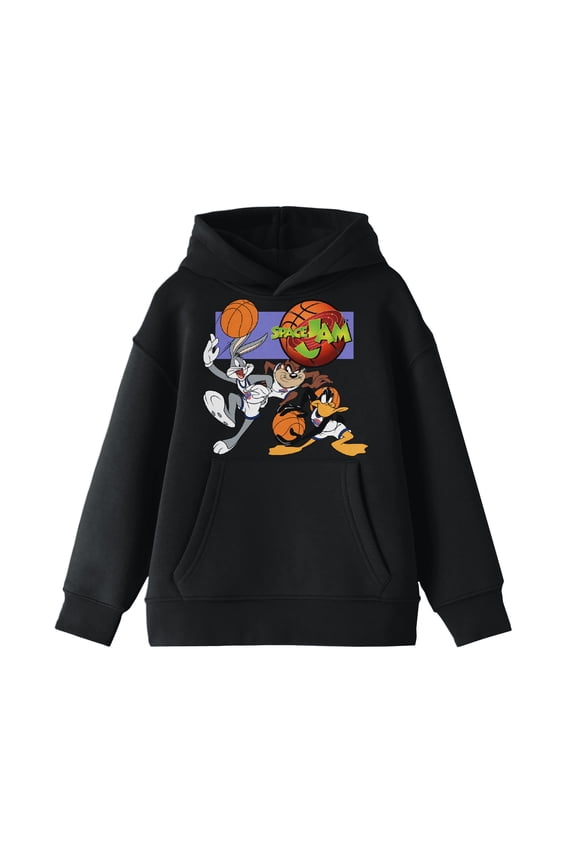 Space Jam Bugs Taz and Daffy Basketball Match Boy's Black Sweatshirt-X-Large