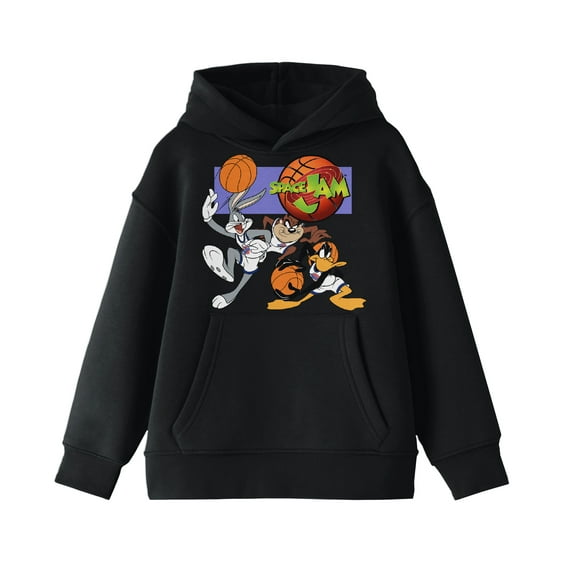 Space Jam Bugs Taz and Daffy Basketball Match Boy's Black Sweatshirt-X-Small