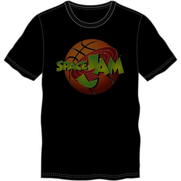 Space Jam Fitted Black T-Shirt with Basketball and Movie Logo, Sports Basketball Team, Looney Tunes-Medium