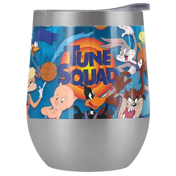 Space Jam Official Toon Squad Group 12 oz Stemless Tumbler, Stainless Steel Travel Cup|Lake Tumbler|Insulated with Leak Resistant Slide-Lock Lid, Stainless Steel