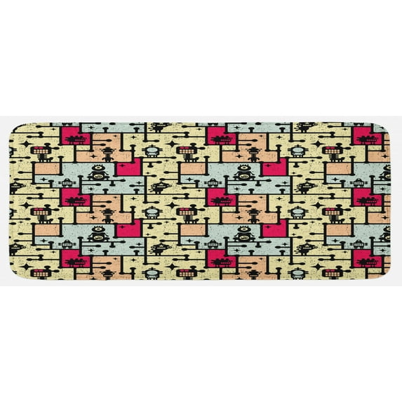 Space Kitchen Mat, Geometric Grid Design with Stripes Dots Retro Background Robot Pattern, Plush Decorative Kitchen Mat with Non Slip Backing, 47" X 19", Multicolor, by Ambesonne