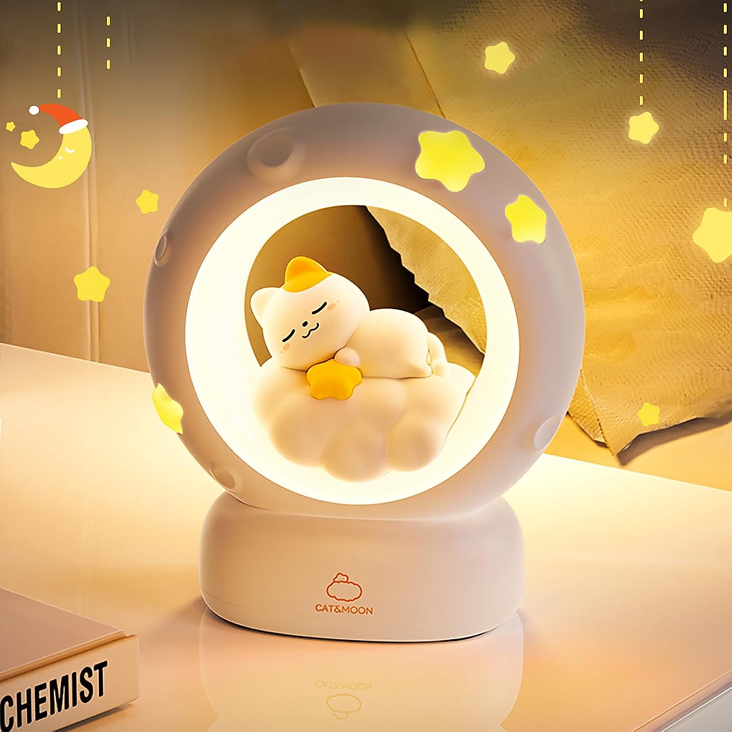 Space Kitty LED Night Light for Kids, Cute Cat Nursery Lamp with Touch Sensor, Dimmable Rechargeable Bedside Light, Animal Decor Gifts for Girls Baby Cat Lovers