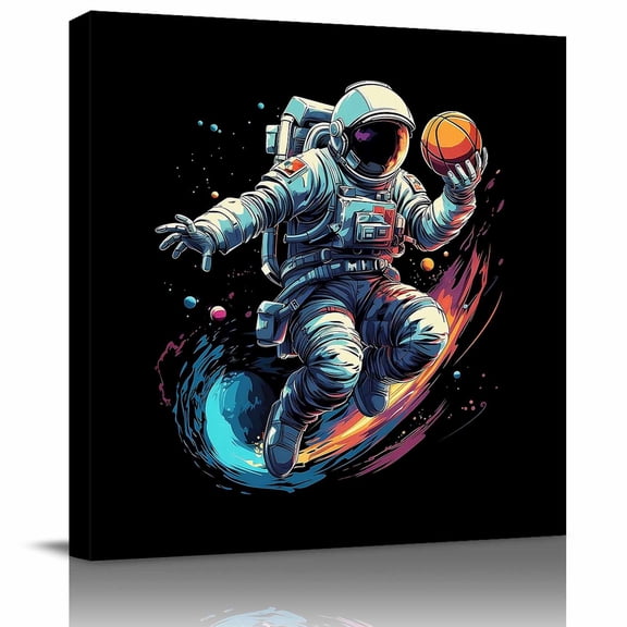 Space Man Playing Basketball Sport Canvas Artwork Painting Art, Ball Game on Black Square Framed Wall Decorations Prints Picture for Bedroom Kitchen Living Room, 16x16 in