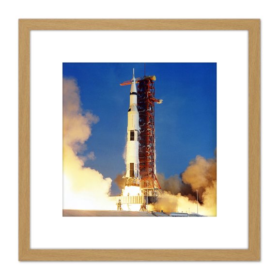 Space NASA Apollo 11 Rocket Launch Lift Off Photo 8X8 Inch Square Wooden Framed Wall Art Print Picture with Mount