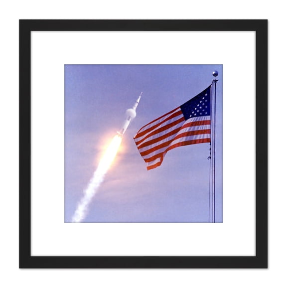 Space NASA Apollo 11 Saturn V Rocket Launch Flag Photo 8X8 Inch Square Wooden Framed Wall Art Print Picture with Mount