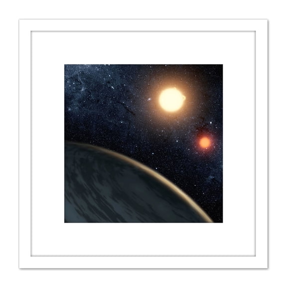 Space NASA Planet Kepler-16b Binary Star Illustration 8X8 Inch Square Wooden Framed Wall Art Print Picture with Mount