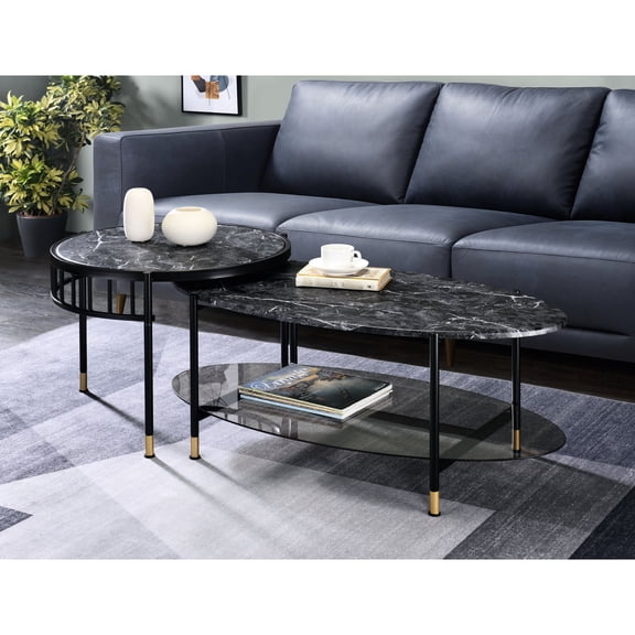 Space Nesting Coffee Tables With Faux Marble Tops And Metal Caps Modern Chic Engineered Stone Surfaces Bases