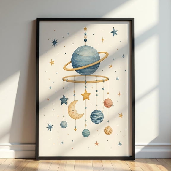 Space Nursery Mobile Wall Art Celestial Baby Room Print With Moon And Planets Warm Cream And Navy Blue