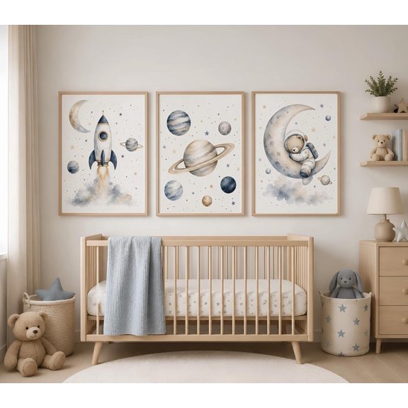 Space Nursery Wall Art Prints, Rocket Moon Astronaut Bear, Nursery And Gallery Wall Decor